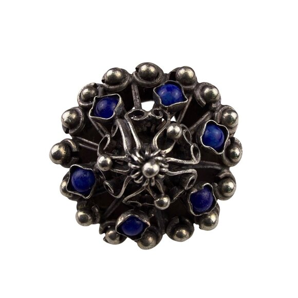Vintage Sterling Silver Blue Glass Dome Filigree Ring Made In Italy Bold Design - Picture 2 of 7